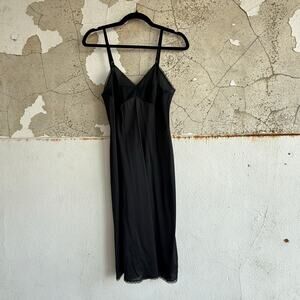 Vintage Vanity Fair Slip‎ Dress Midi Lace Trim Black Lingerie Nightgown Coquette